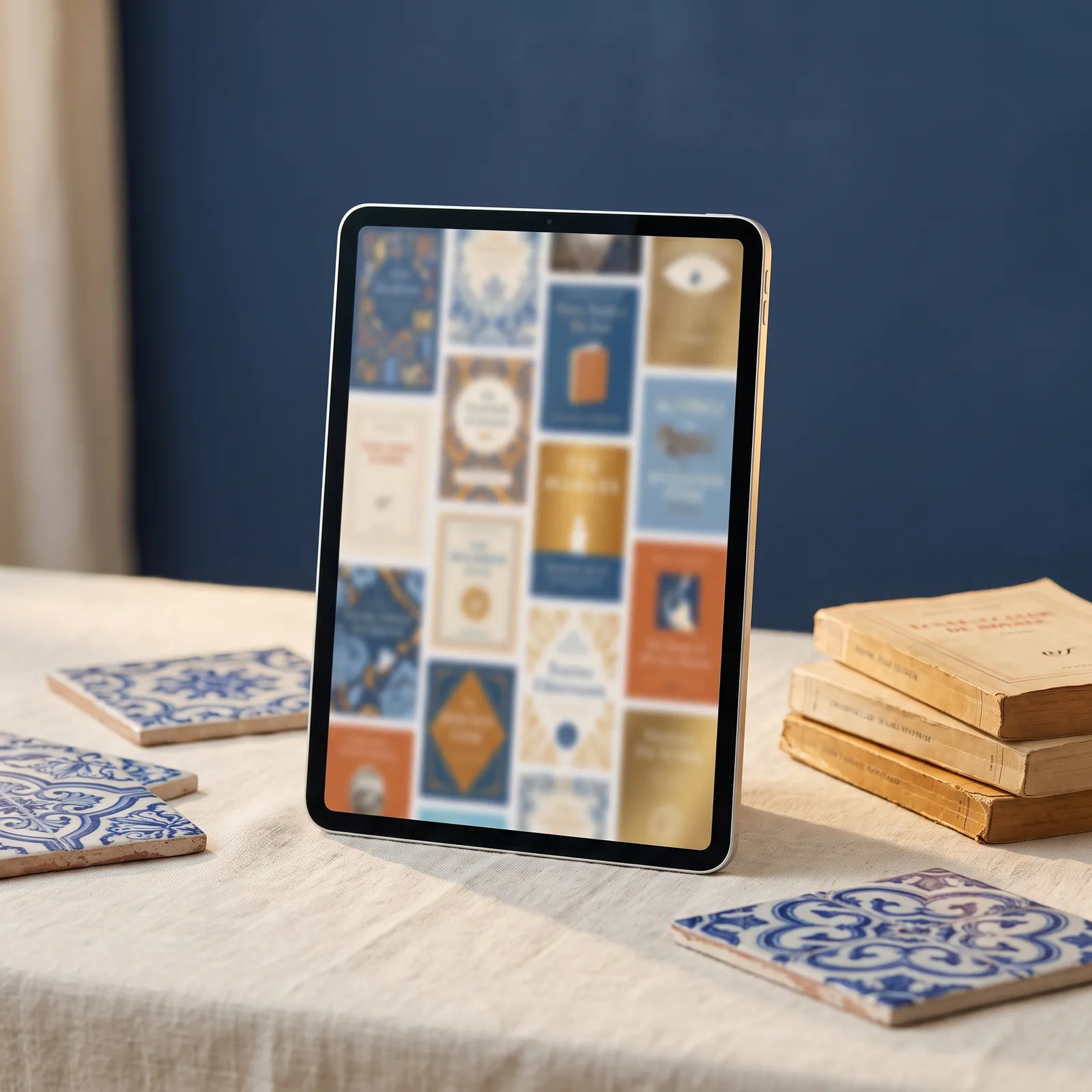 Tablet com a biblioteca de ebooks aberta, ao lado de azulejos e livros