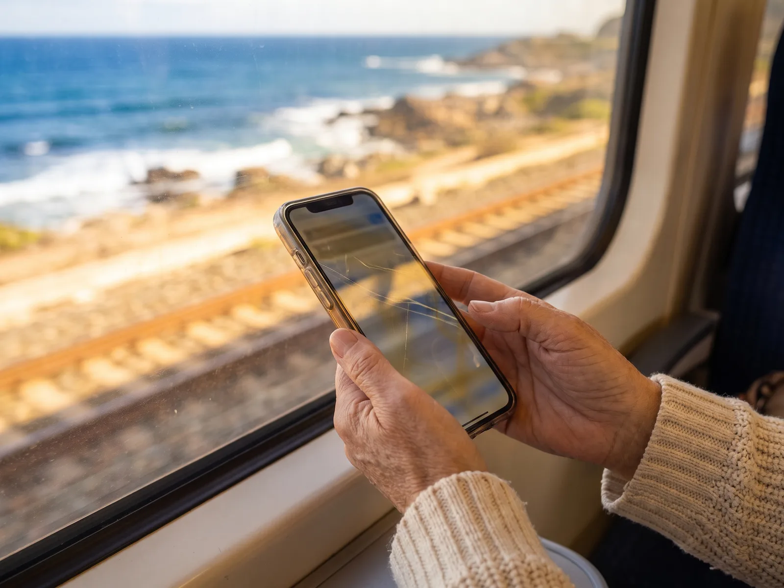 Telemóvel com um ebook aberto numa viagem de comboio junto ao mar