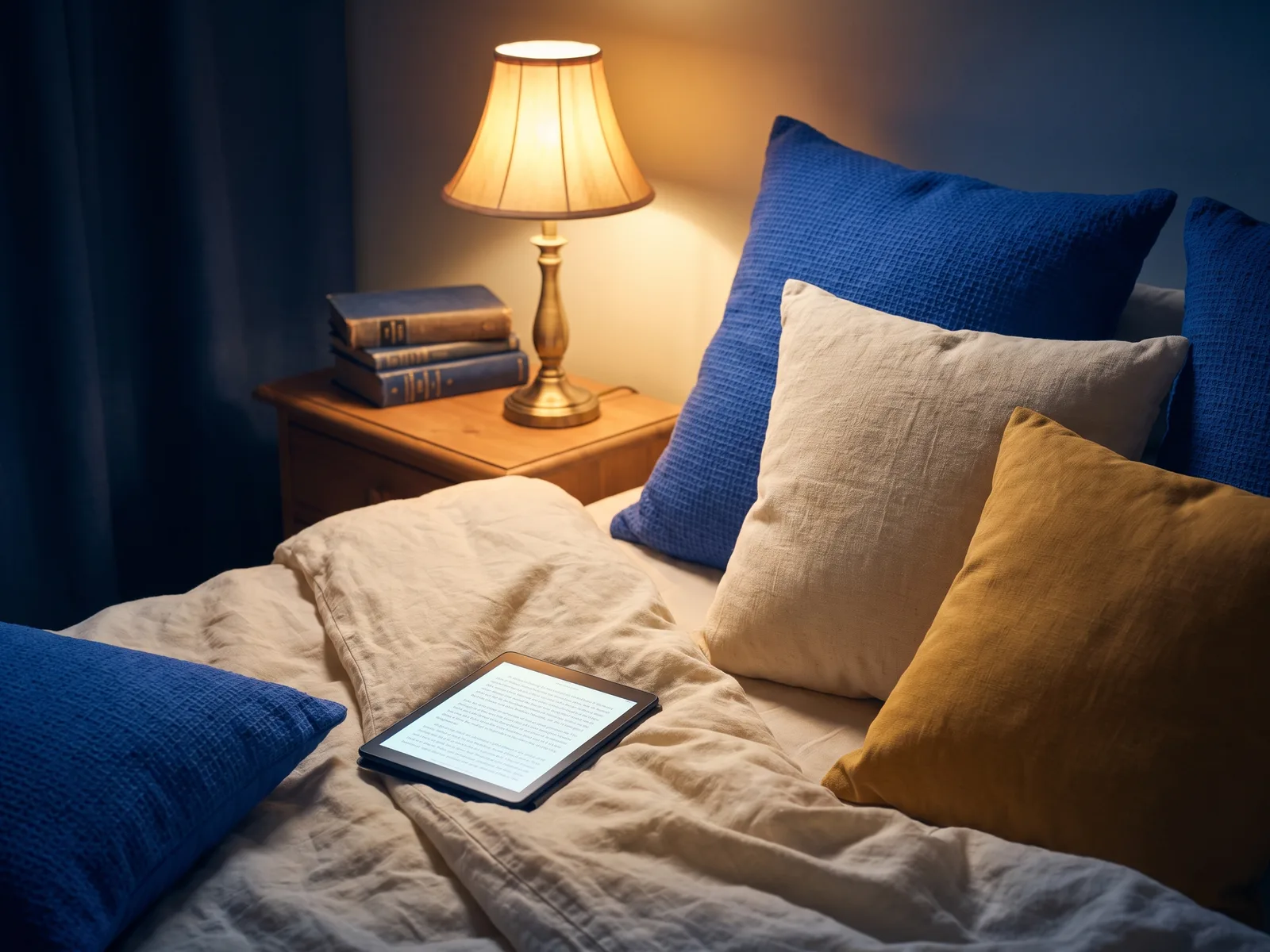 Leitor de ebooks na cama ao lado de um candeeiro aceso